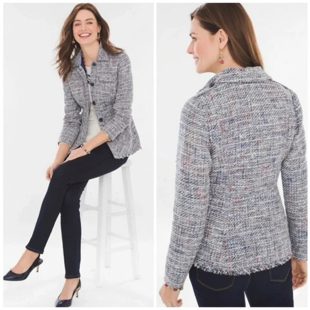 CHICO’S 3 / XL 16 18 Tweed Peplum Fringe Trim Jacket Blazer - Picture 10 of 12